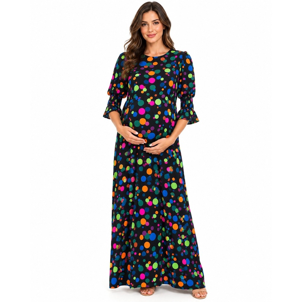 Nobody's Child Maternity Maxi Dress Black Multicolor Polka Dot Smocked | Size 8